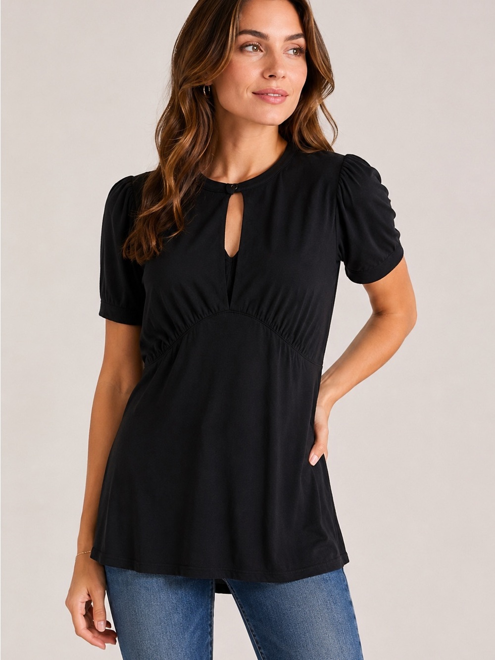 Free People Black Keyhole Puff Sleeve Top Mini Tunic Rayon Stretch Size Large